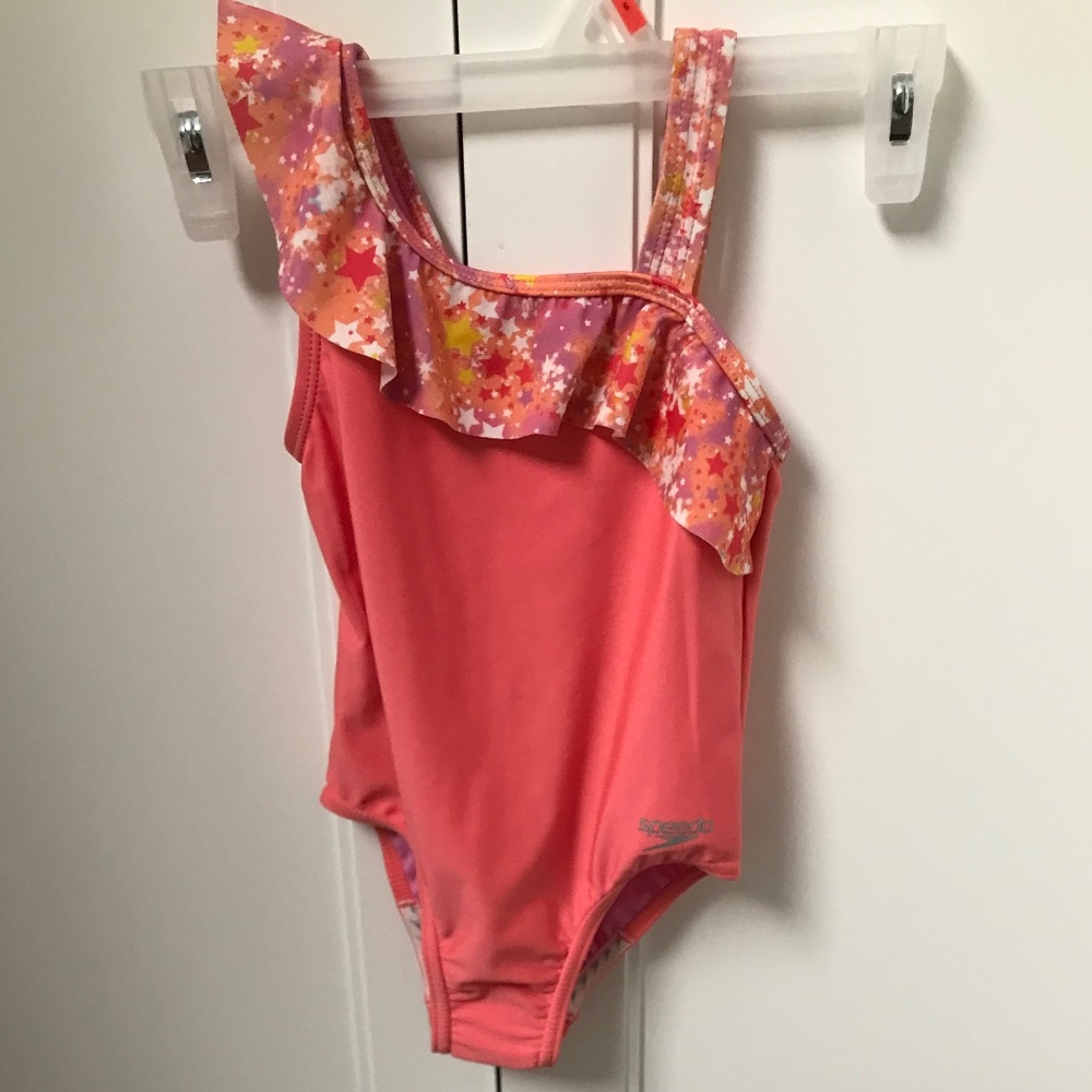 Speedo Girls  One Piece Swimsuit Coral Pink with Star Ruffle Size 6 NWOT